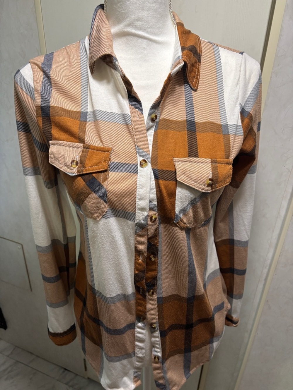 Passport Plaid Button-Up Shirt in Brown, Cream & Blue